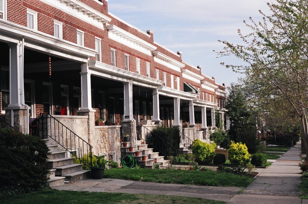 Brick row houses with generous porches