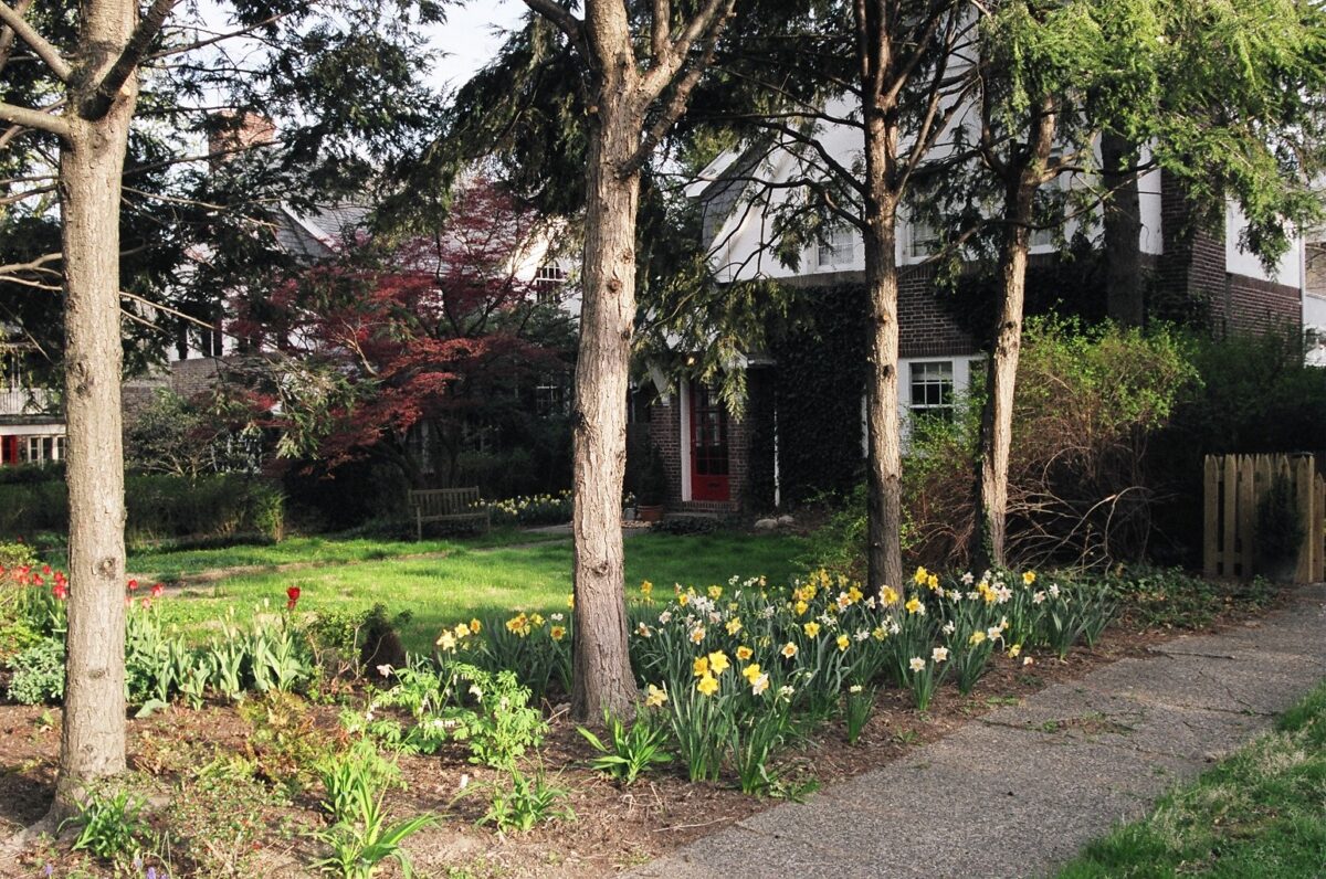 Flowers bloom under trees in the front yard of a detached tudor style home