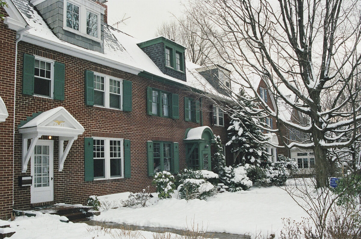 Row houses on Keswick covered in snow.